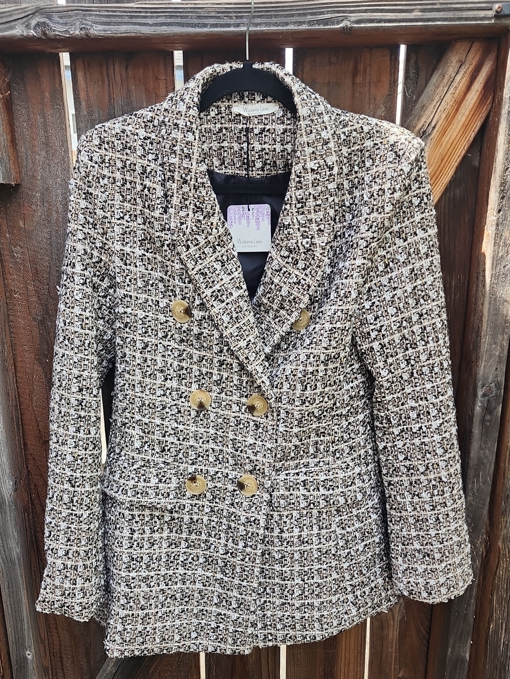 New Wisteria Lane Black and Cream Double-Breasted Tweed Blazer, NWT